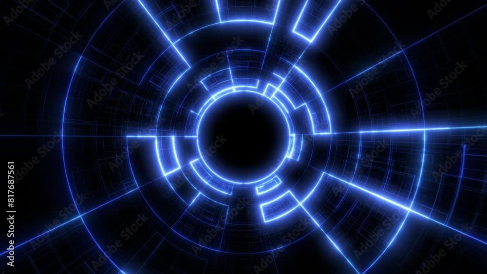 Digital futuristic tunnel or travel through time and space at high speed, moving bright neon lines. High tech corridor, warp speed, wormhole