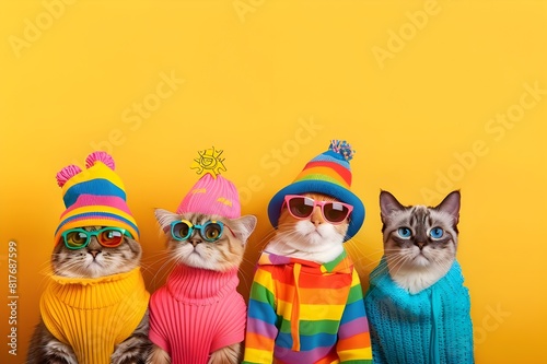 Creative animal concept. Group of cat in funky Wacky wild mismatch colourful outfits isolated on bright background 