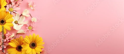 A beautiful spring floral background with pink petals and daisies on a yellow backdrop creating a copy space image for text