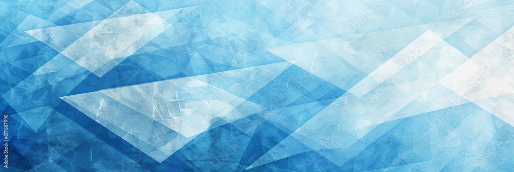 Modern abstract blue background design with layers of textured white transparent material in triangle, diamond, and square shapes in a random geometric pattern Modern abstract blue background design with layers of textured white transparent material in triangle, diamond, and square shapes in a random geometric pattern