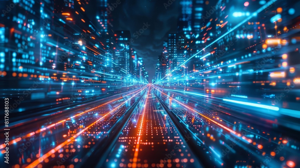 Neonlit pathway through a digital city, reflecting themes of technology, speed, and the evolution of digital environments Neonlit pathway through a digital city, reflecting themes of technology, speed, and the evolution of digital environments
