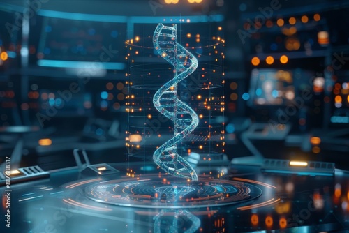 A DNA helix ascending from a hightech holographic interface  symbolizing advanced genetic research and biotechnological breakthroughs