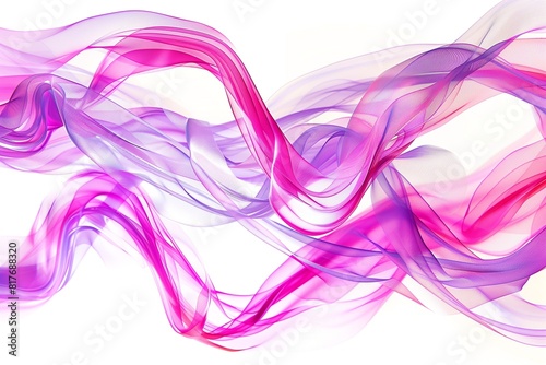 Dynamic pattern of swirling ribbons in shades of pink and purple emerging on a solid white background.
