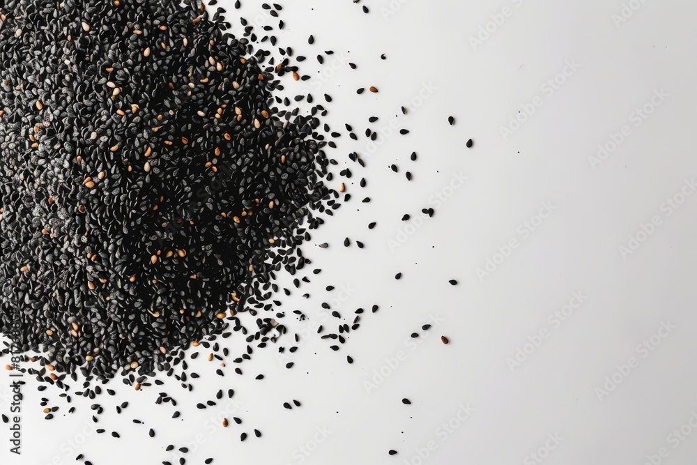 Black sesame seeds contrast with white background