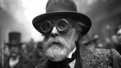 Black and white portrait of an elderly man with a bowler hat and round glasses in a crowded street
