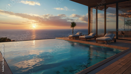 stylish infinity pool seamlessly blending with the ocean © Ai Creations
