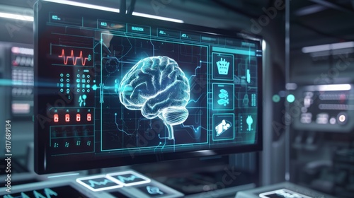 Advanced Brain Study Laboratory EEG Monitoring, Neurological Modeling, Futuristic Data Interface
 photo