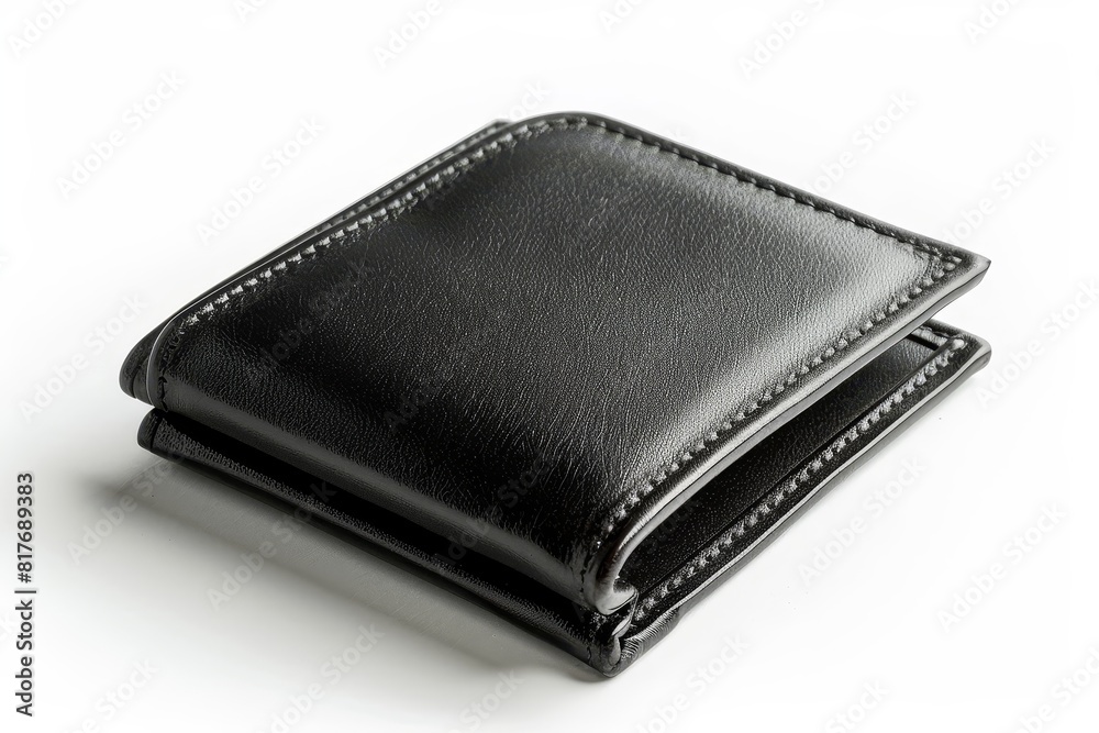 Black synthetic leather wallet on white background exuding a masculine vibe Black synthetic leather wallet on white background exuding a masculine vibe
