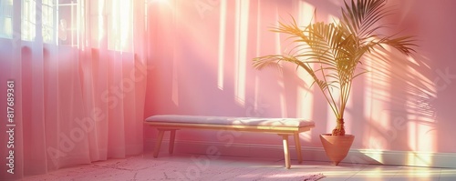 Inviting pink living room corner, with a bench that calls for relaxation, captured in soft light photo
