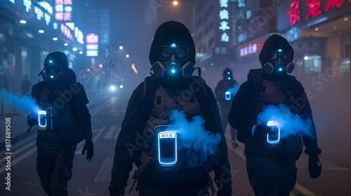 Masked Volunteers Patrolling Polluted Urban Street with Glowing Air Purifiers a Symbol of Hope and Progress Against Environmental Crisis Generative ai