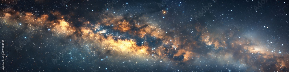 Panoramic astrophotography of visible Milky Way galaxy. Stars, nebula and stardust at night sky Panoramic astrophotography of visible Milky Way galaxy. Stars, nebula and stardust at night sky