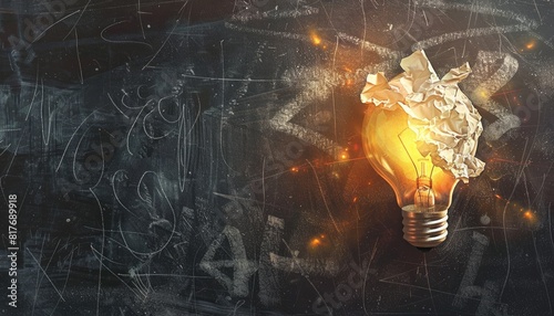 new horizons in learning: crumpled paper metamorphosed into a radiant light bulb against a blackboard. photo