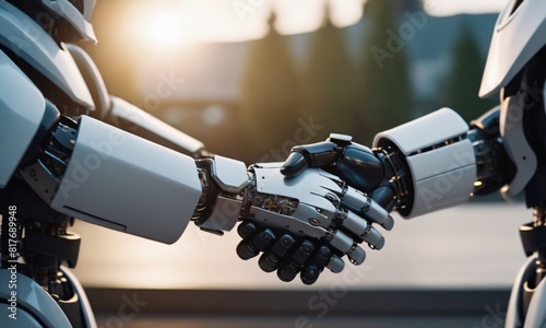 A robot hand and a robot hand hold hands. It shows mutual understanding and cooperation in the era of automation.