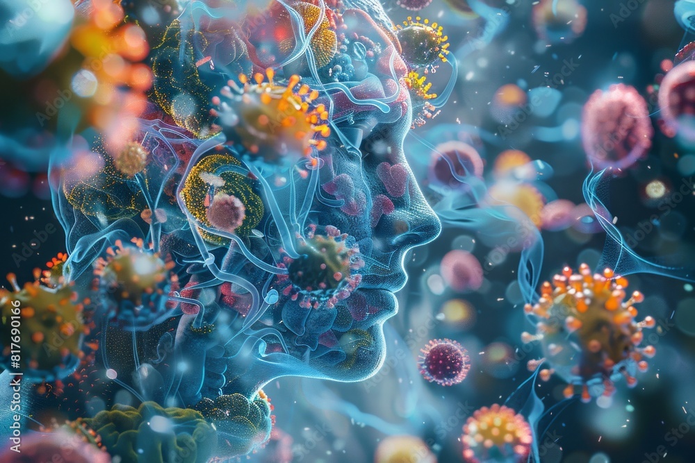 A surreal digital illustration of a human face surrounded by virus-like particles and abstract smoke A surreal digital illustration of a human face surrounded by virus-like particles and abstract smoke