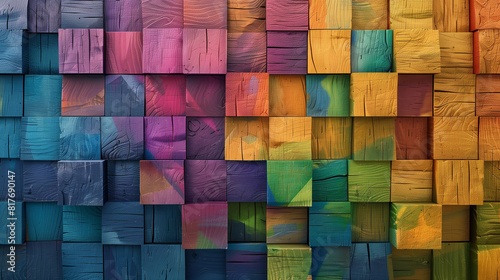 Abstract geometric rainbow colors colored 3d wooden round cubes texture wall background banner illustration panorama long, textured wood wallpaper photo