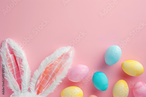Top view photo of white pink blue and yellow eggs on isolated background.Easter party concept