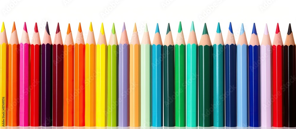 Obraz premium Colorful pencils create a blurred pattern isolated on a white background providing ample copy space image