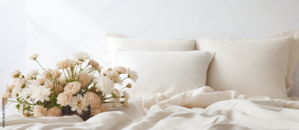 Cozy bed with beige linen in a bright white bedroom interior featuring flowers on a bedside table Closeup copy space image Cozy bed with beige linen in a bright white bedroom interior featuring flowers on a bedside table Closeup copy space image