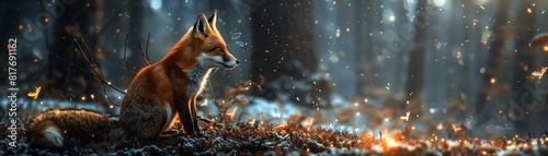 A curious fox exploring a mystical, moonlit forest filled with fireflies and magical creatures © Pattanan