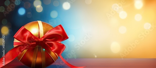 A Christmas ball adorned with a ribbon bow sits on a vibrant colored background creating an appealing copy space image