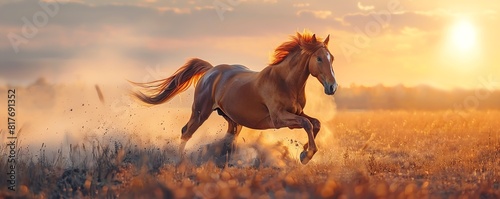 A majestic horse galloping freely across an open plain under a vast, open sky photo