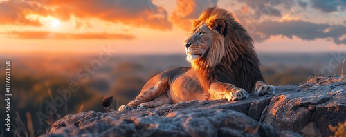 A majestic lion resting on a rocky outcrop, surveying its kingdom under a brilliant sunset photo