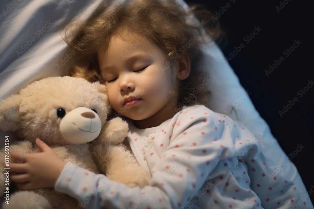toddler girl sleeping on bed with her stuffed toy toddler girl sleeping on bed with her stuffed toy