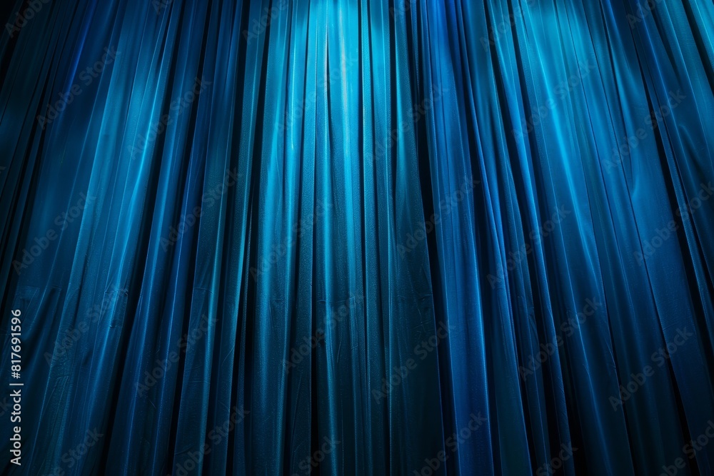 Blue curtain in various folds of blackout sackcloth fabric spotlight in theater background Blue curtain in various folds of blackout sackcloth fabric spotlight in theater background