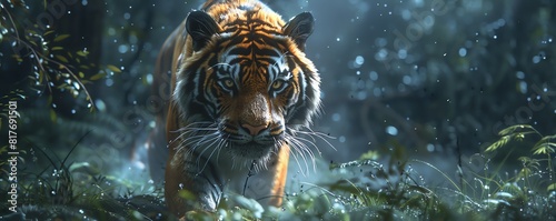 A majestic tiger prowling through a misty, enchanted jungle illuminated by bioluminescent plants photo