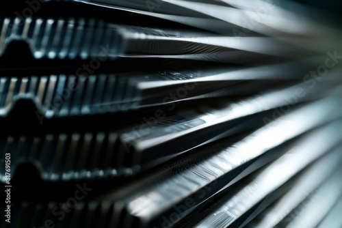 Close up of a stack of durable aluminum metal bars neatly arranged with reflective surfaces catching light