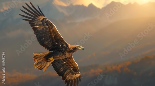 A powerful eagle soaring over a rugged mountain range at dawn, with the rising sun casting golden hues #817691790