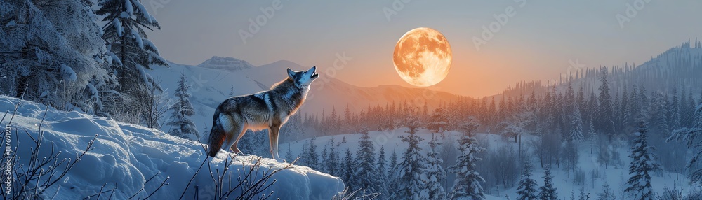 Fototapeta A sleek wolf howling at the full moon on a snowy mountaintop, with a pack of wolves in the background