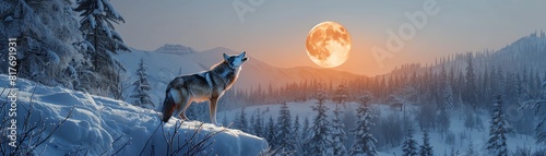 A sleek wolf howling at the full moon on a snowy mountaintop, with a pack of wolves in the background