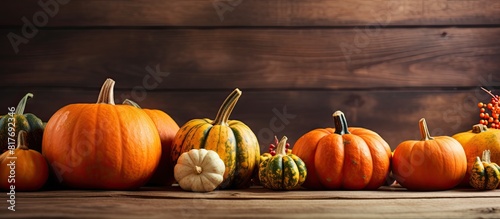 Close up copy space image of local produce pumpkins on a textured wooden background creating a nostalgic Thanksgiving aesthetic