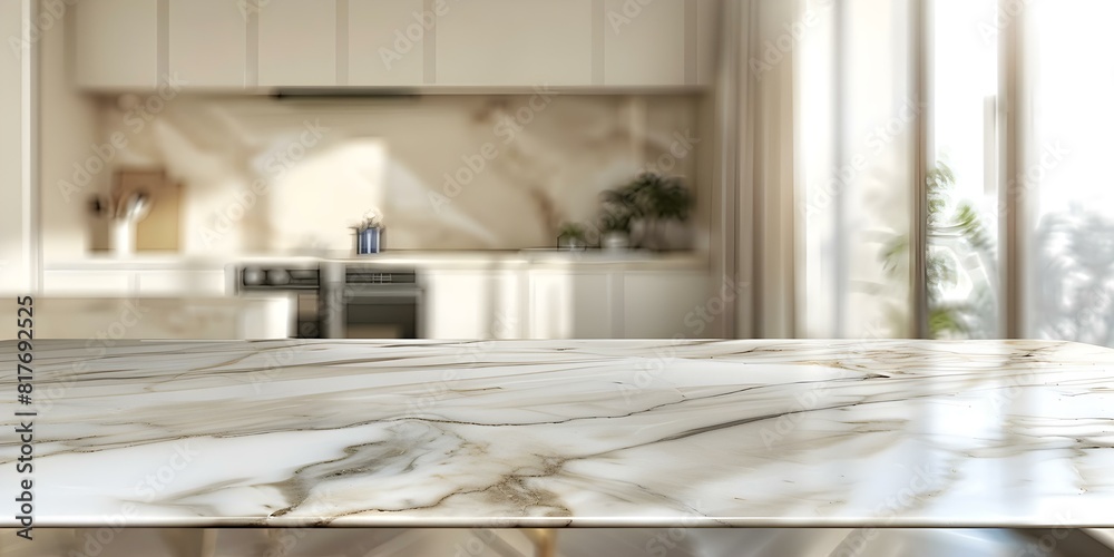 Product Display Mockup: White Marble Table in Blurred Kitchen Background. Concept Product Display, Mockup, White Marble Table, Blurred Kitchen Background
