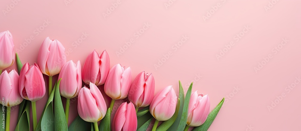 A stunning arrangement of tulips on a bright background captured in a flat lay style The composition offers ample copy space for text A stunning arrangement of tulips on a bright background captured in a flat lay style The composition offers ample copy space for text