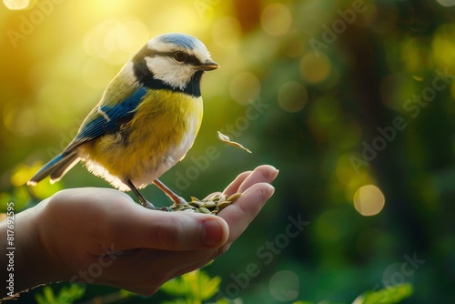 Blue tit on man s arm feeding seeds in park for International Bird Day Copy space photo