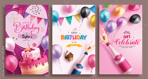 Happy birthday greeting vector poster set template. Birthday invitation card with cake, wine bottle and balloons elements decoration for girl party card collection. Vector illustration birthday 