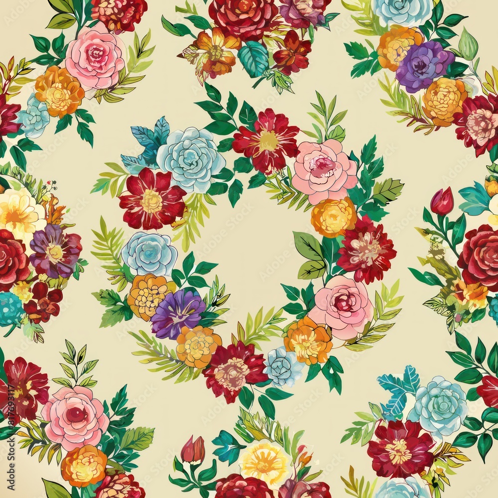 Seamless pattern of embroidered floral wreaths and bouquets, adding a touch of romance and beauty to your gift wrap, Generative AI Seamless pattern of embroidered floral wreaths and bouquets, adding a touch of romance and beauty to your gift wrap, Generative AI