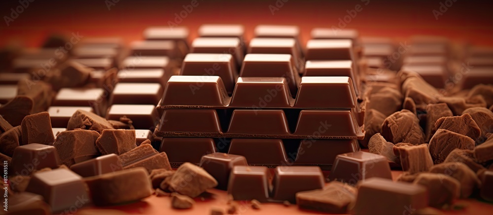 Fototapeta premium Soft tone copy space image of chocolate bar and cubes against a brown background