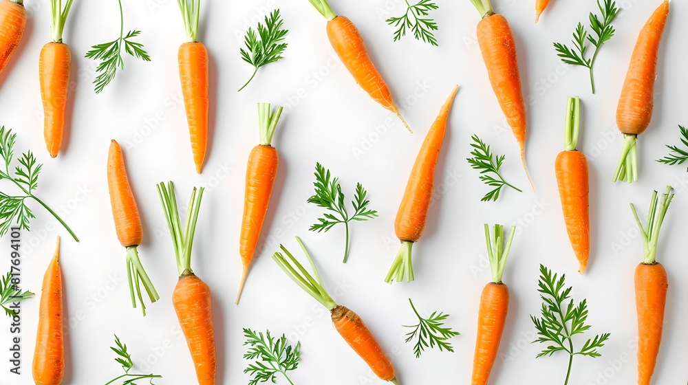 Fresh carrots with green tops scattered on white background. Healthy food concept. Perfect for vegan and vegetarian lifestyle. AI Fresh carrots with green tops scattered on white background. Healthy food concept. Perfect for vegan and vegetarian lifestyle. AI