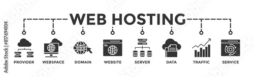 Web hosting banner web icon vector illustration concept with icon of provider, webspace, domain, website, server, data, traffic and service