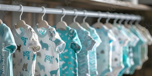 Adorable neutral-colored baby romper suits with cute animal designs displayed. Concept Cute Baby Rompers, Animal Designs, Neutral Colors, Presenting Outfits photo
