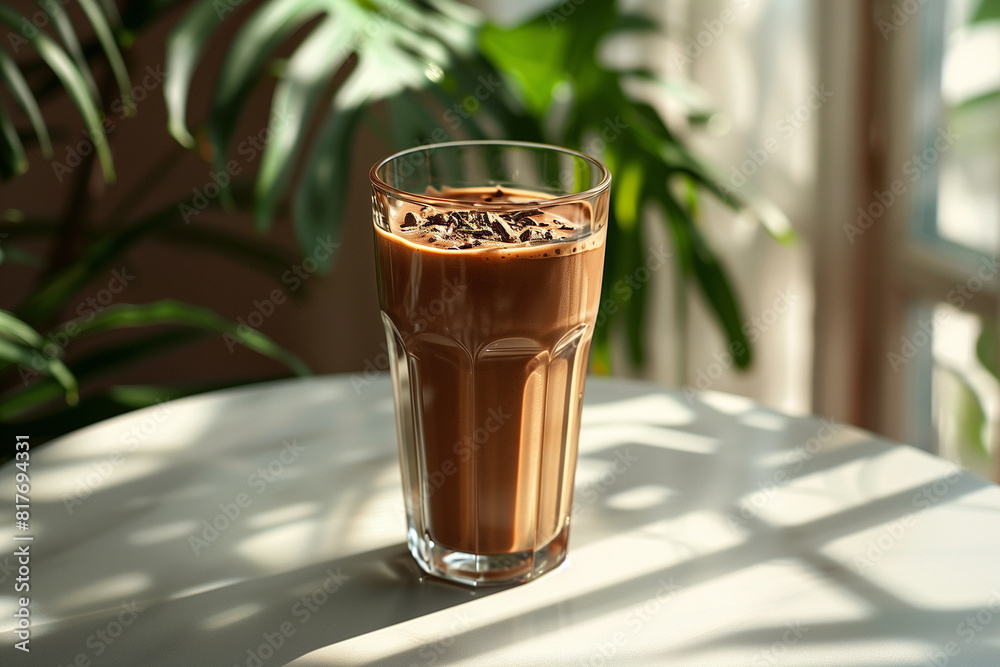 A glass of smoothie with chocolate and milk, placed on the table in front of a window with sunlight coming through A glass of smoothie with chocolate and milk, placed on the table in front of a window with sunlight coming through