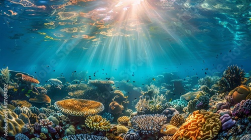 Underwater view of colorful coral reef with sunlight penetrating the water