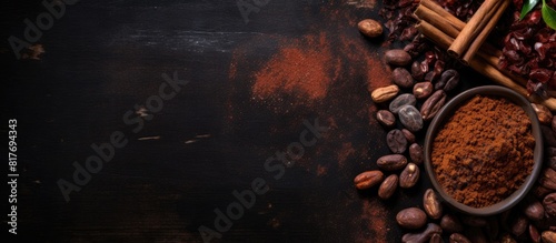 Top view of cacao beans powder cacao butter and a chocolate bar on a dark background creating an image with copy space photo