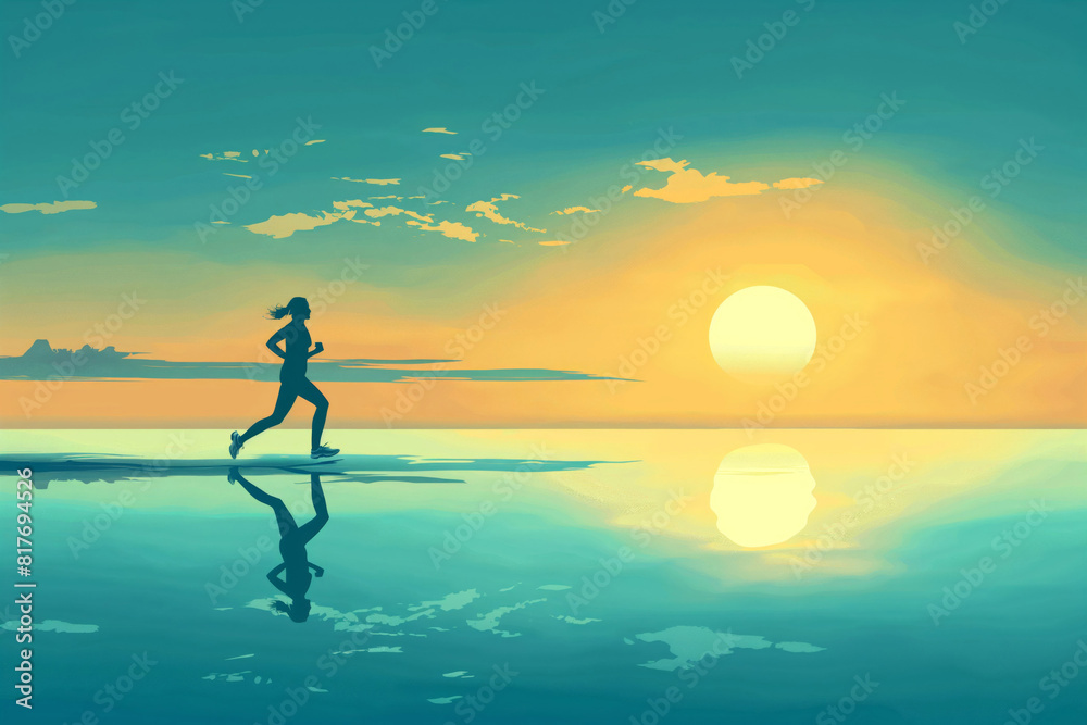 Serene minimalist illustration of a solitary figure running by the water against the backdrop of a sunset Serene minimalist illustration of a solitary figure running by the water against the backdrop of a sunset