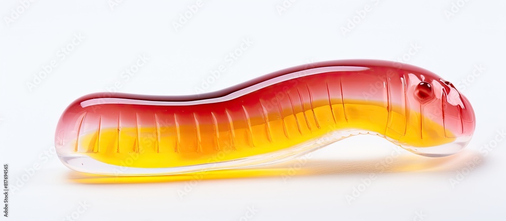 Obraz premium A single worm shaped jelly sour and colored in red and yellow stands alone on a white backdrop creating a copy space image