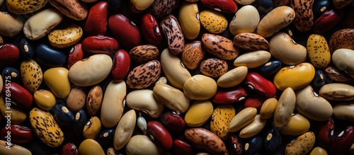 A closeup view of a collection of dried beans against a copy space background