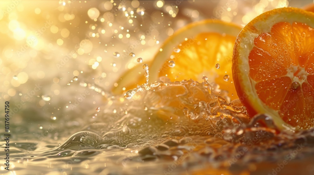 Vibrant close-up of fresh oranges with dynamic water splashes in soft, golden light, conveying freshness and juiciness Vibrant close-up of fresh oranges with dynamic water splashes in soft, golden light, conveying freshness and juiciness